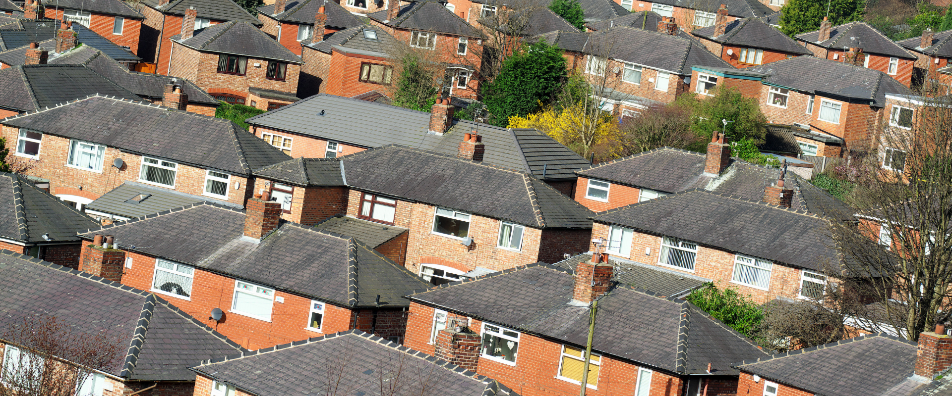 Aerial view of closely packed red-brick suburban houses with dark tiled roofs, chimneys, and small back gardens, with trees and greenery interspersed throughout the neighbourhood.